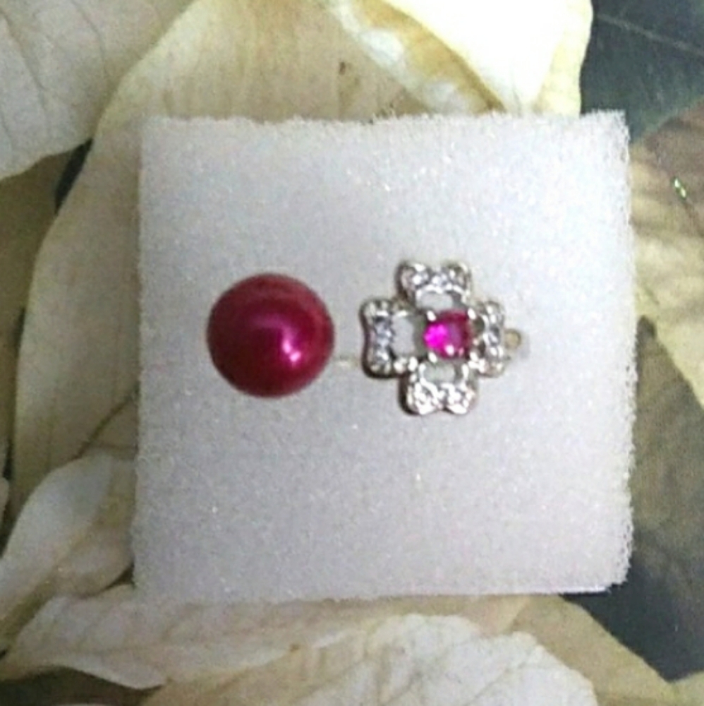 Pearl and Crystal Gemstone Halo Ring - Picture 2 of 5